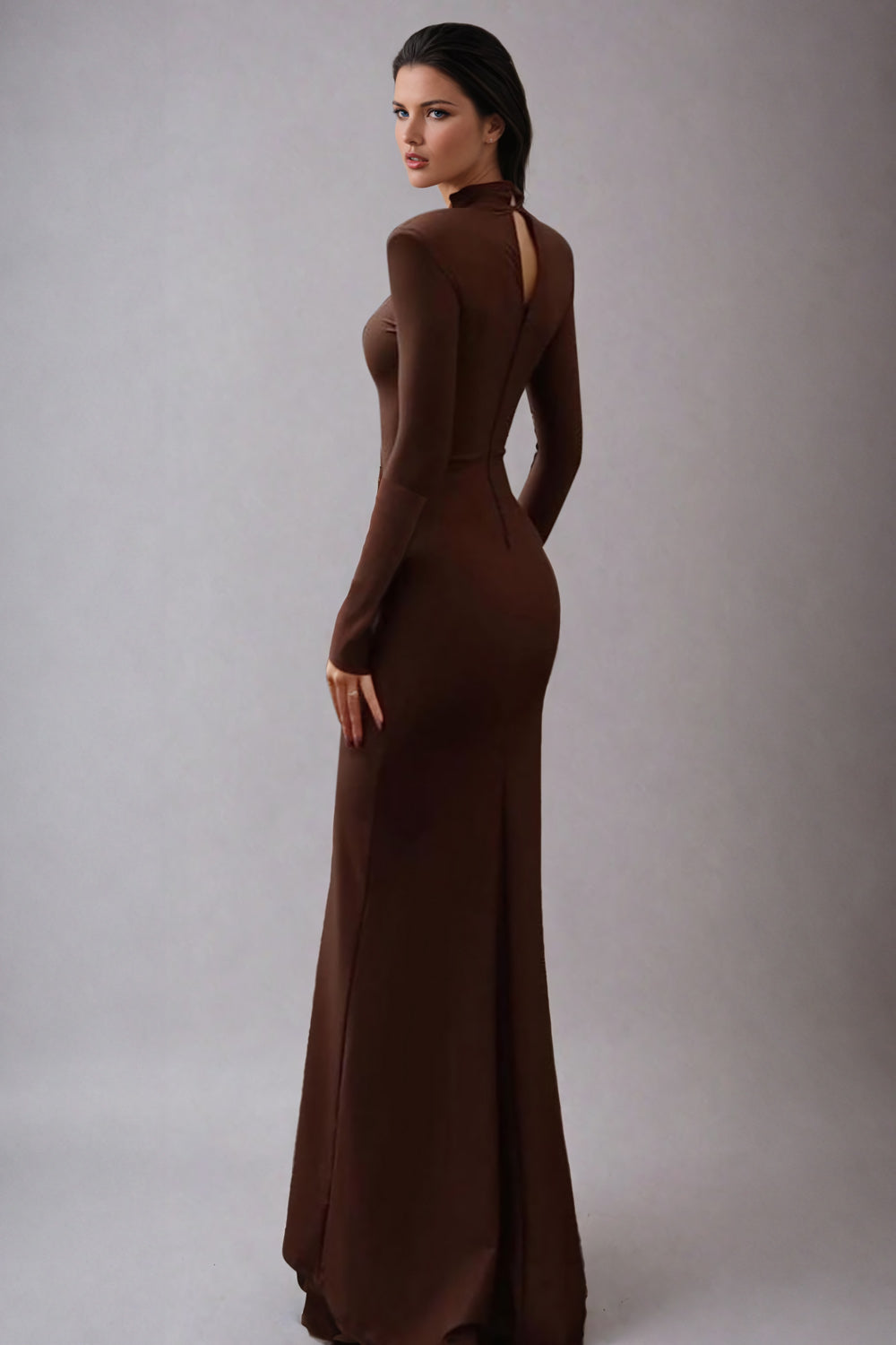 Turtleneck Long Sleeve Maxi Dress - Brown