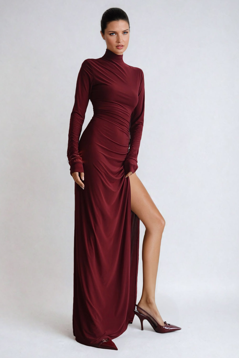 High-Neck Pleated Maxi Dress with Side Slit - Burgundy