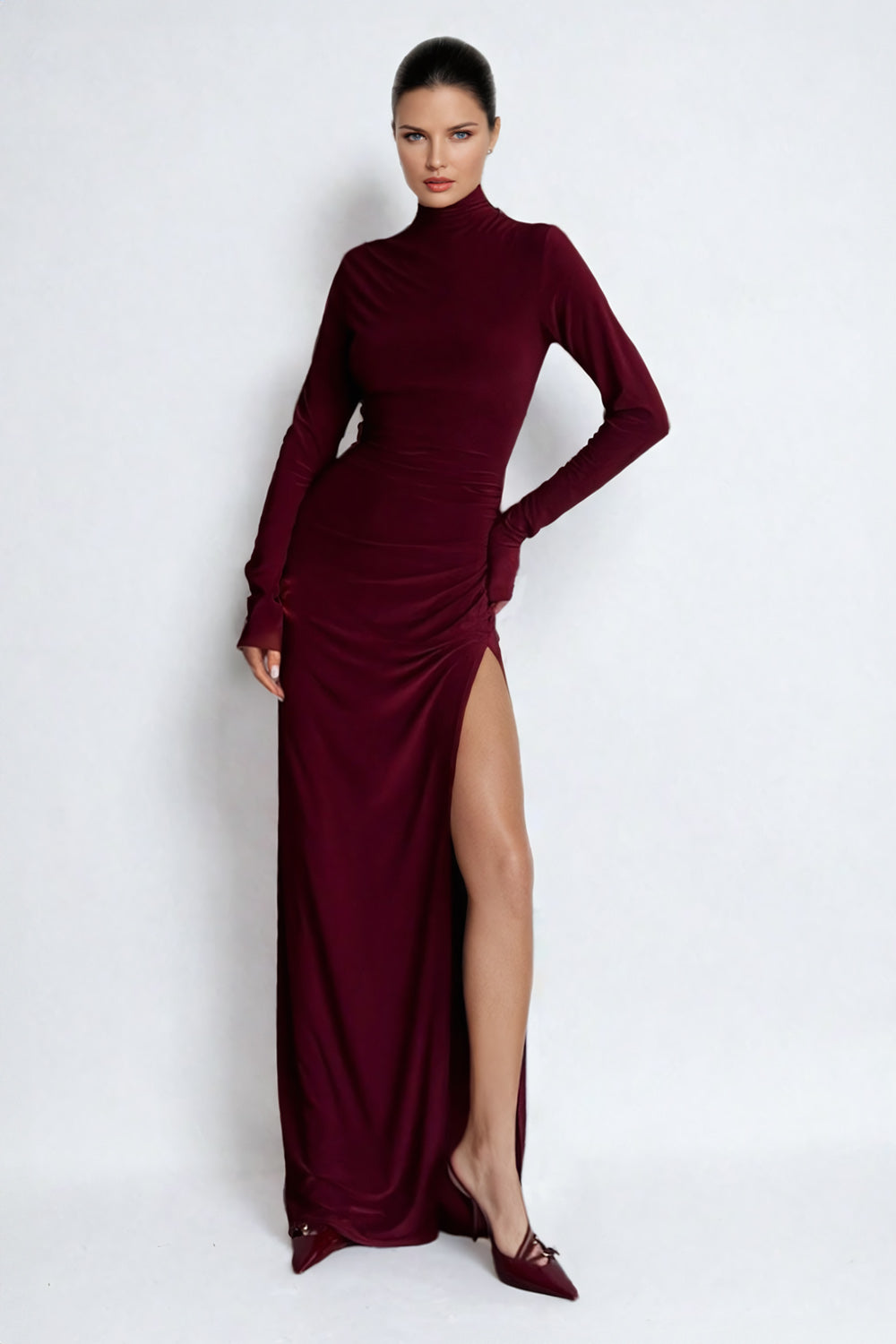 High-Neck Pleated Maxi Dress with Side Slit - Burgundy