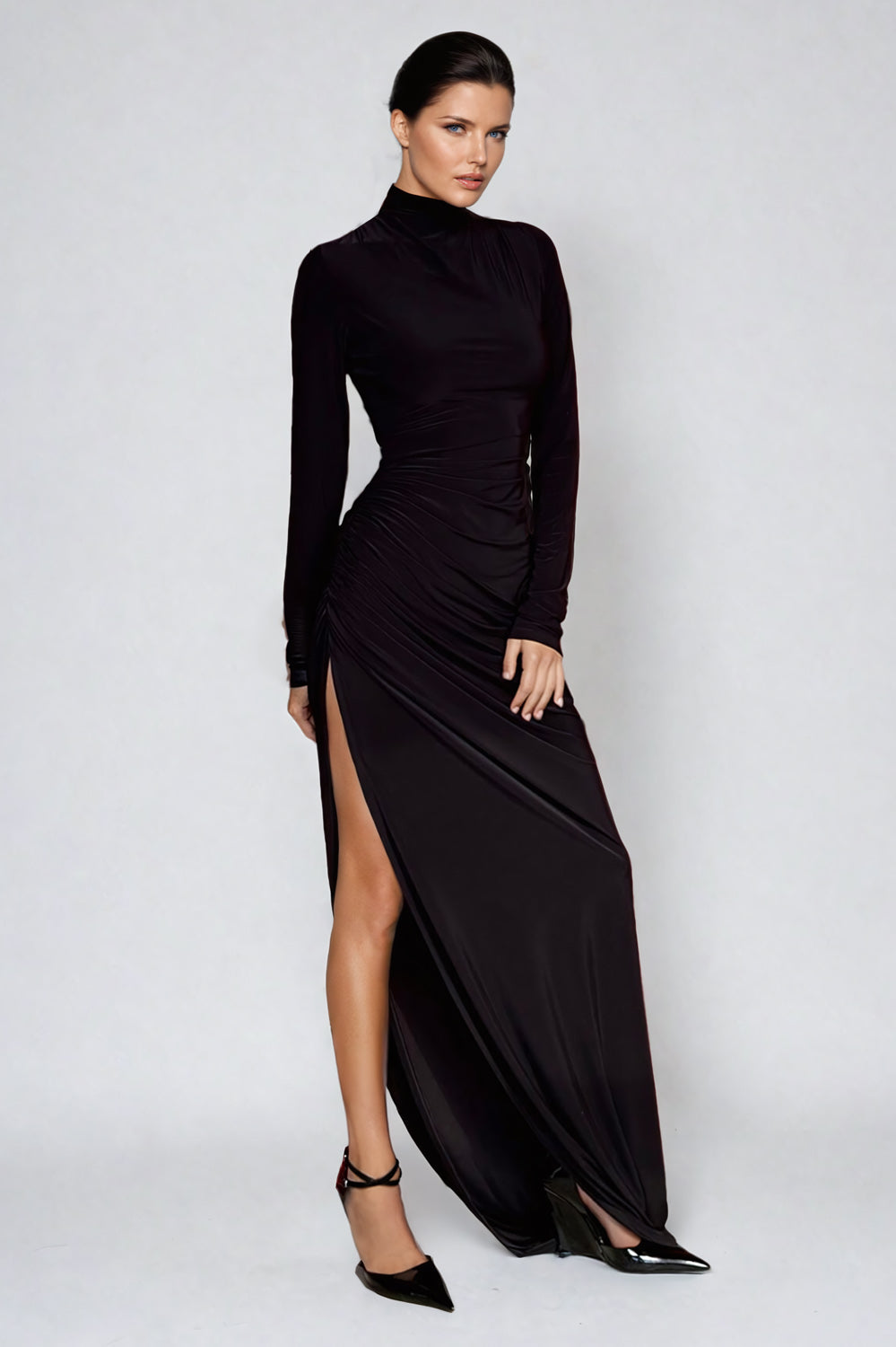 High-Neck Pleated Maxi Dress with Side Slit - Black