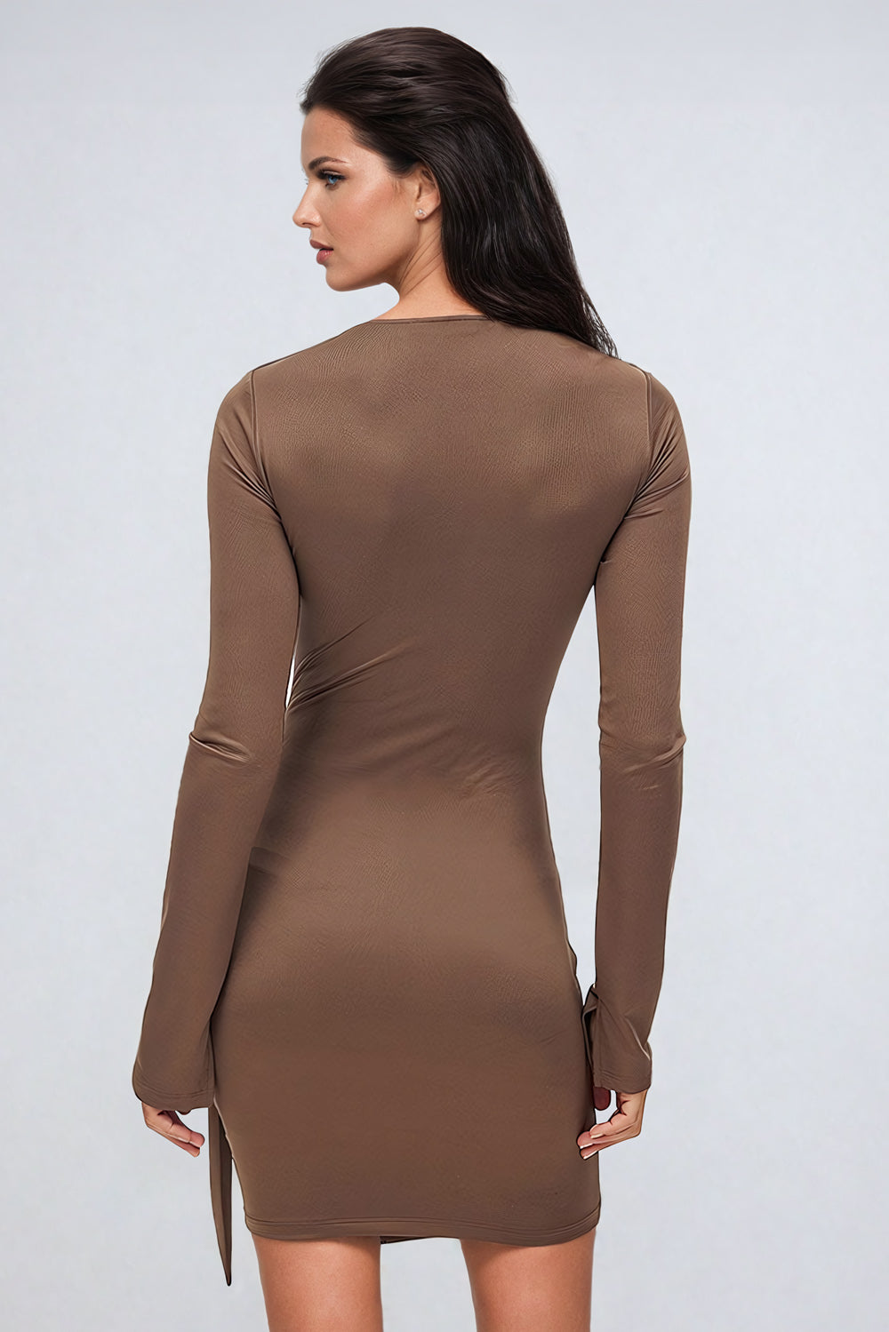 Waist-Wrap Long-Sleeve  Midi Dress - Brown