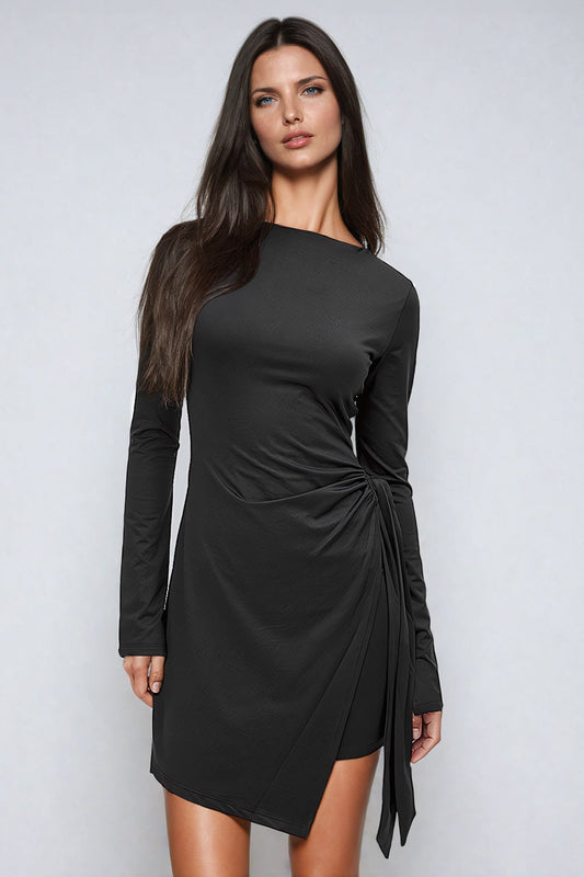 Waist-Wrap Long-Sleeve  Midi Dress - Black