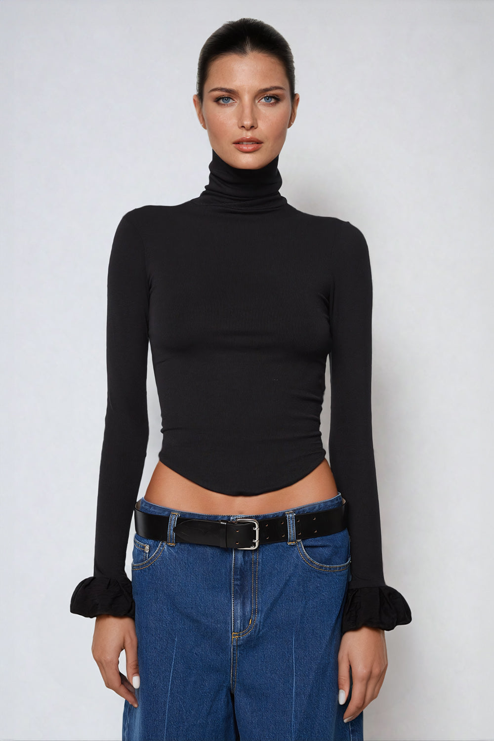 High-Neck Fitted Top with Flared Cuffs - Black