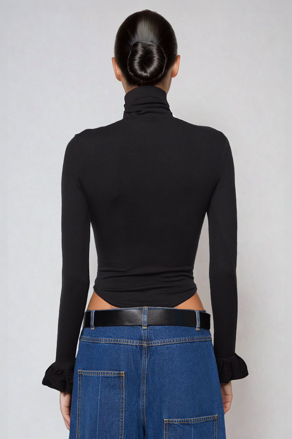 High-Neck Fitted Top with Flared Cuffs - Black