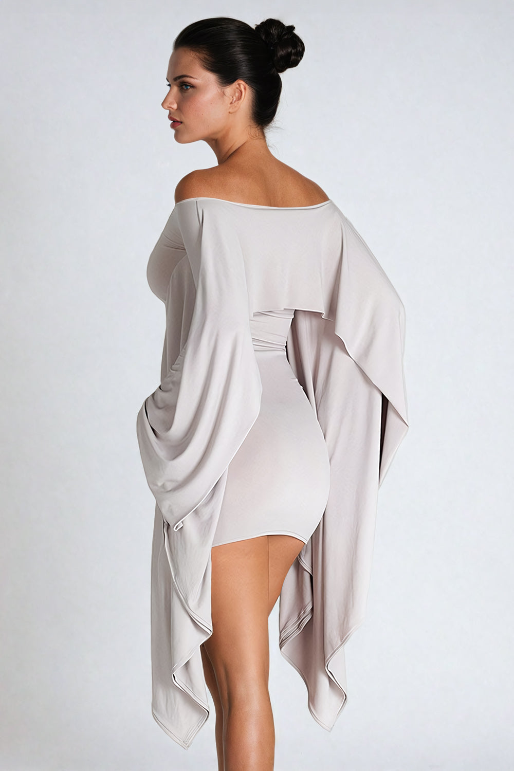 Off-Shoulder Draped Sleeve Mini Dress - Gray