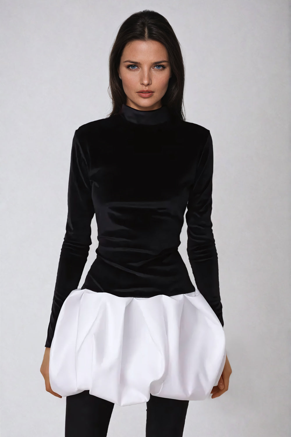 High Neck Longsleeve Bubble Mini Dress - Black