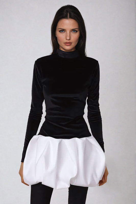 High Neck Longsleeve Bubble Mini Dress - Black