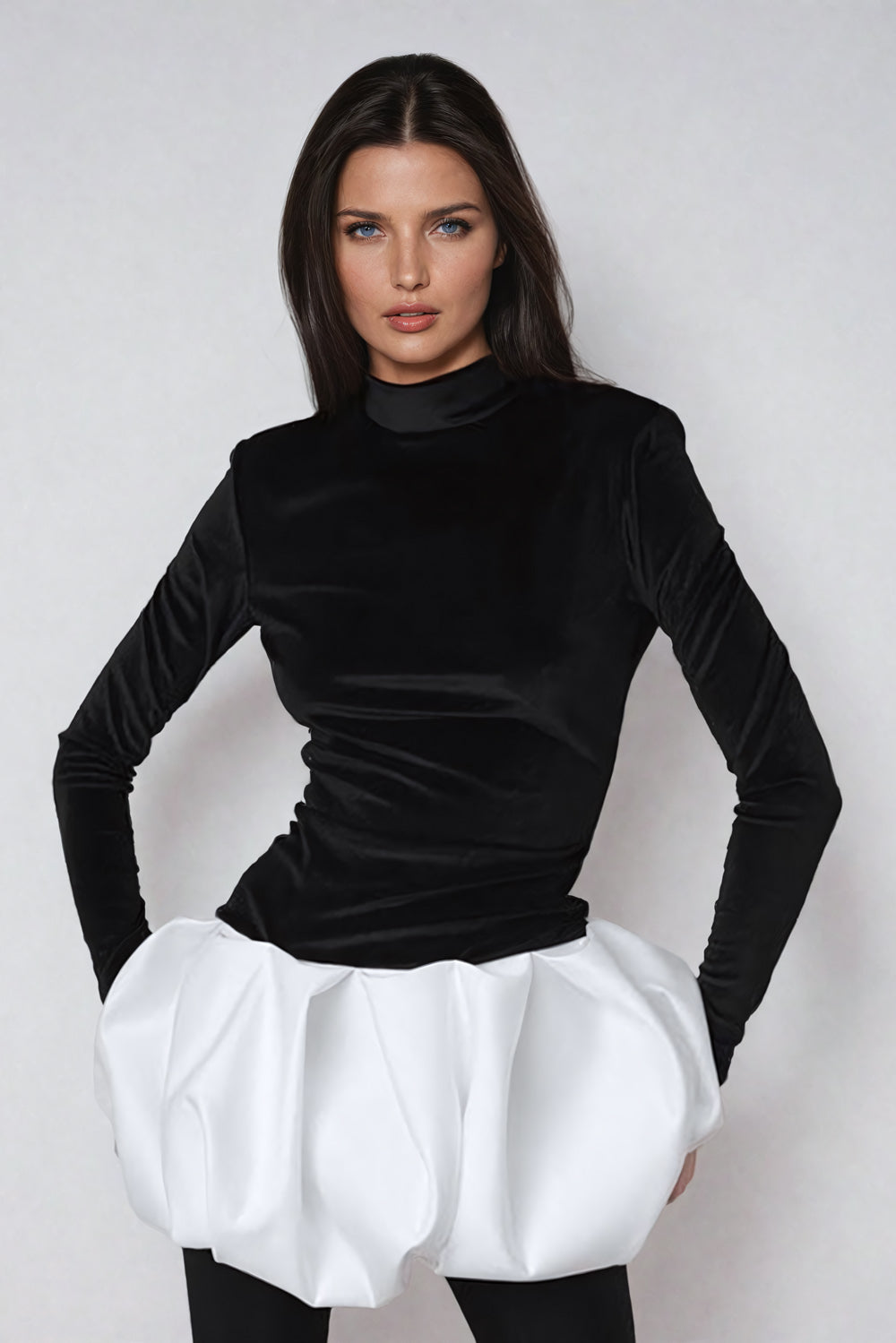 High Neck Longsleeve Bubble Mini Dress - Black