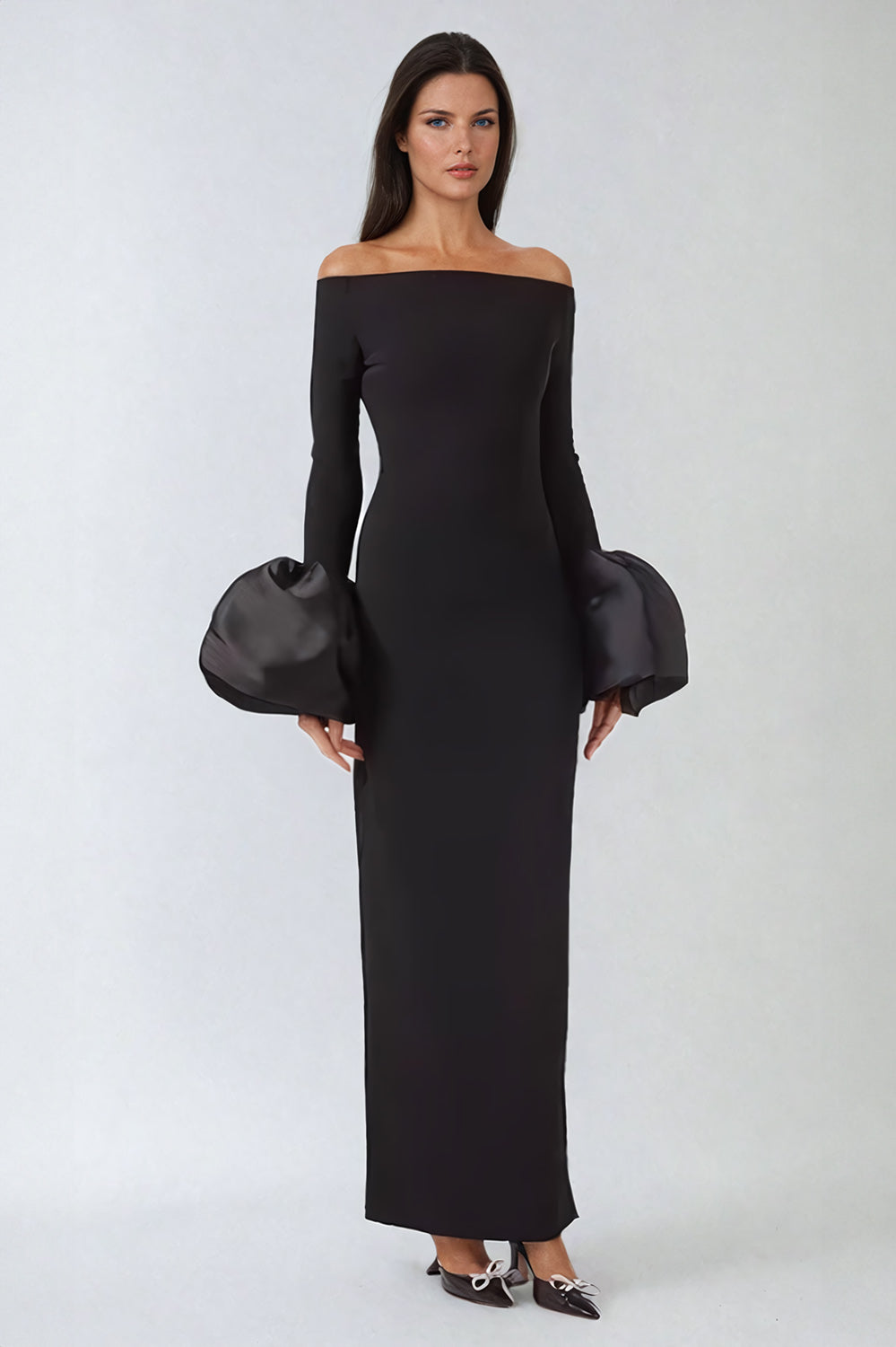 Off-Shoulder Maxi Dress with Oversized Cuff Detail - Black