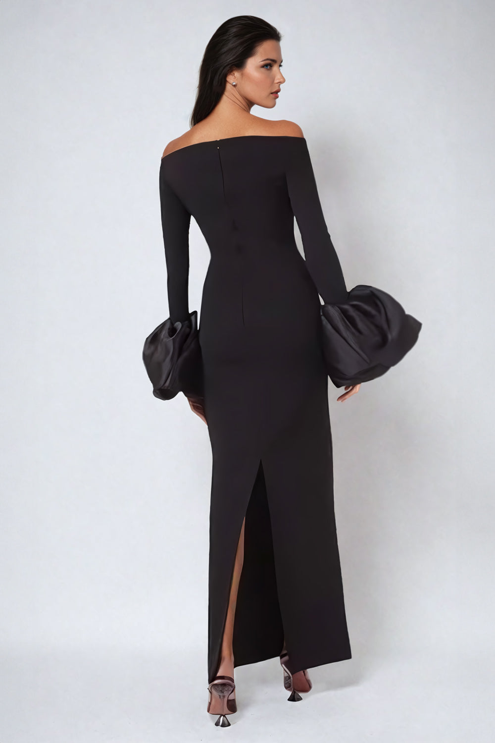 Off-Shoulder Maxi Dress with Oversized Cuff Detail - Black