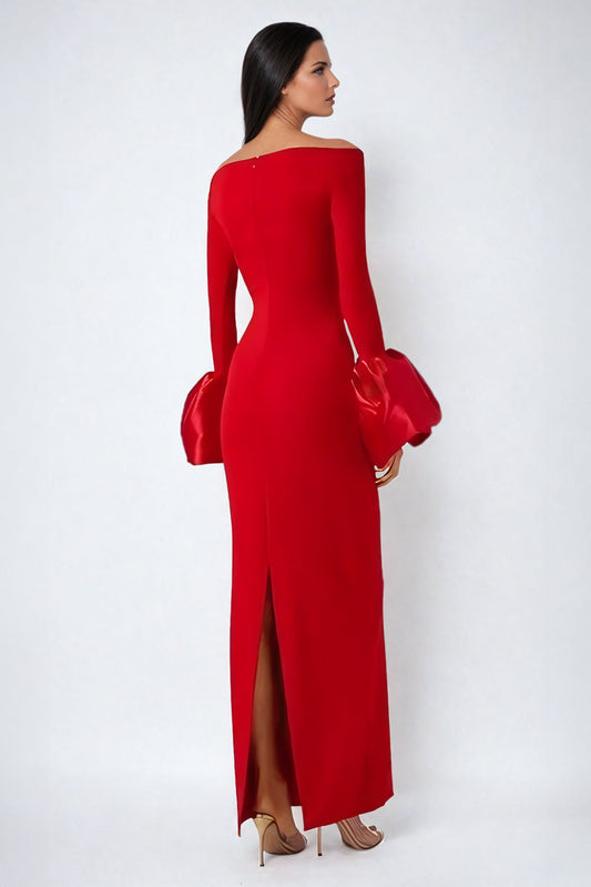 Off-Shoulder Maxi Dress with Oversized Cuff Detail - Red