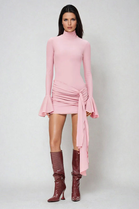 Flared Long Sleeve Ruched Mini Dress - Pink