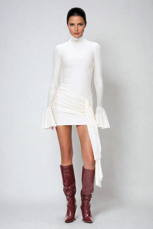 Flared Long Sleeve Ruched Mini Dress - White