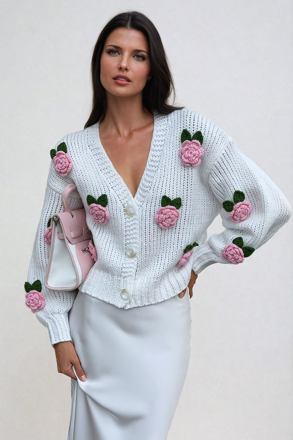 Knitted Floral Embellished Sweater - White