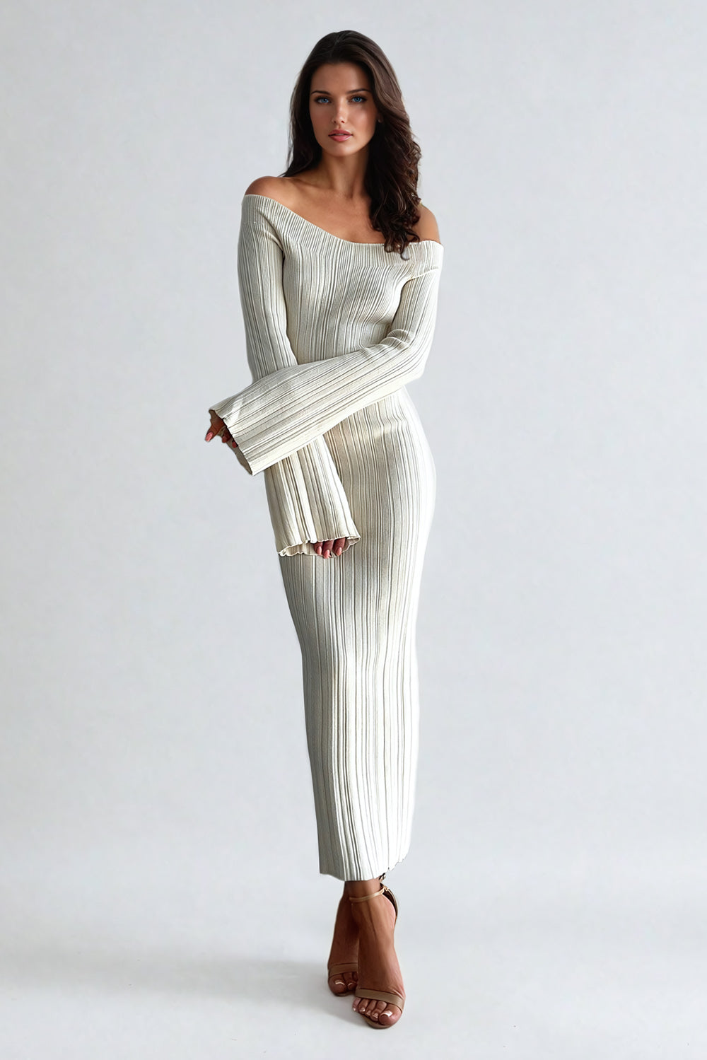 Knitted Off-Shoulder Maxi Dress with Bell Sleeves - White