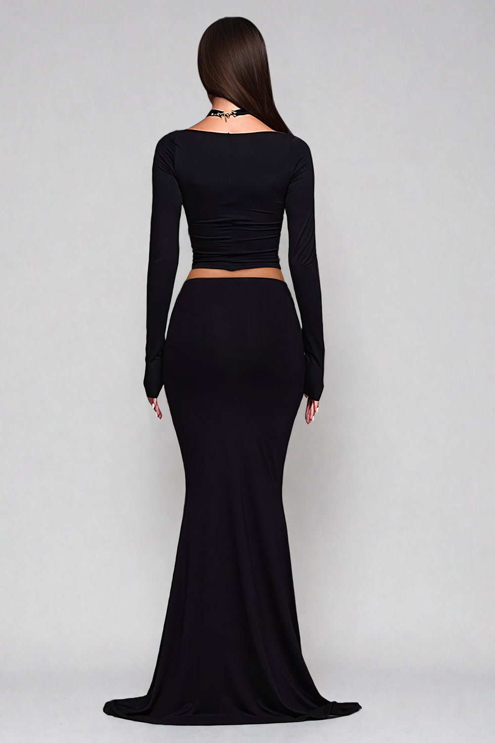 Two-Piece Set with Long Sleeve Crop Top and Maxi Skirt - Black