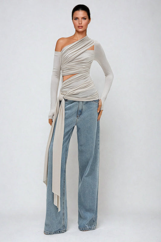 Asymmetrical Draped Wrap Top with Pleats - White