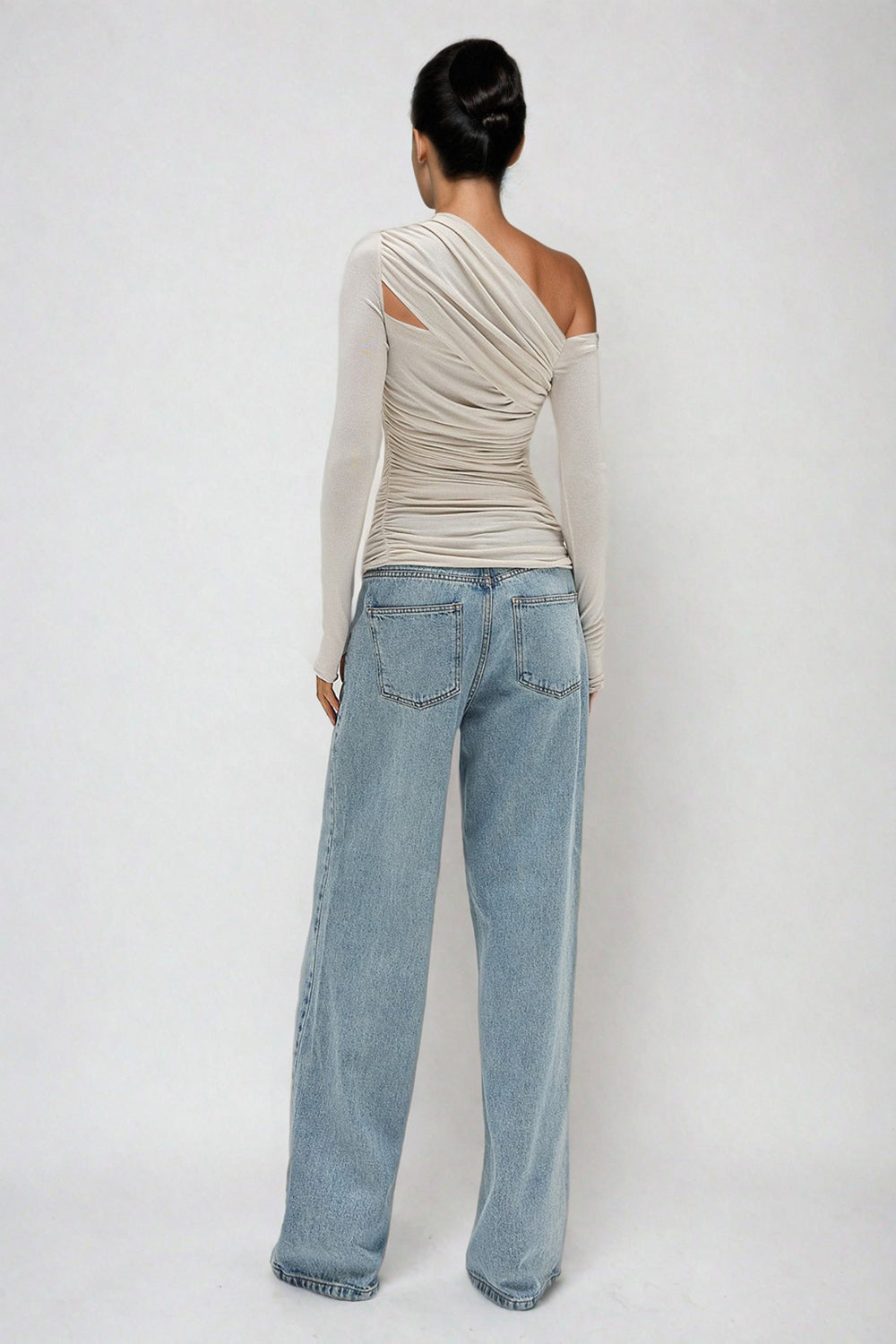 Asymmetrical Draped Wrap Top with Pleats - White