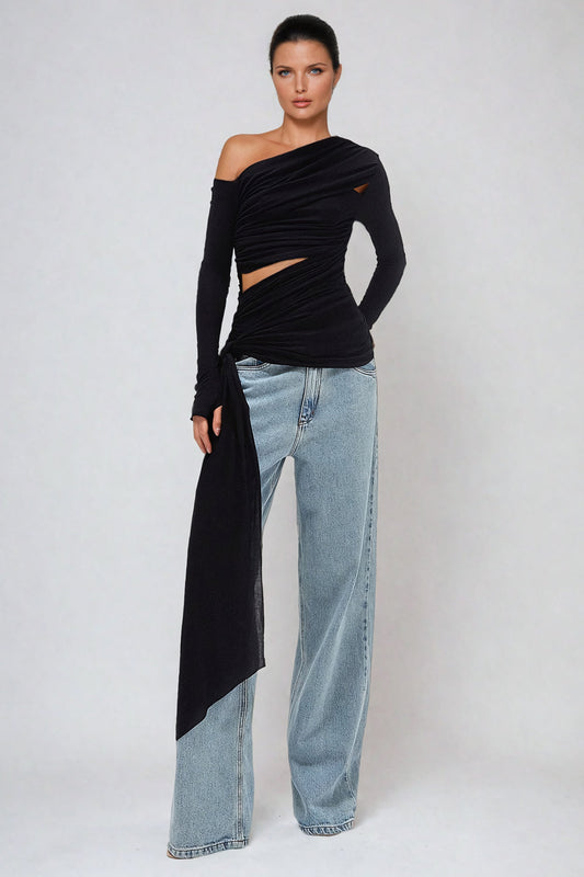 Asymmetrical Draped Wrap Top with Pleats - Black