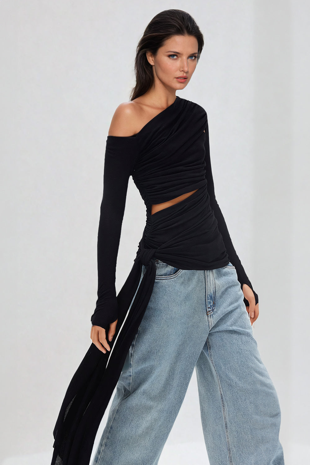 Asymmetrical Draped Wrap Top with Pleats - Black