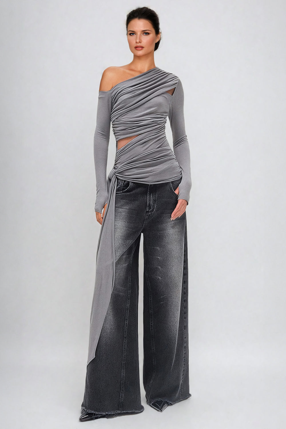 Asymmetrical Draped Wrap Top with Pleats - Gray