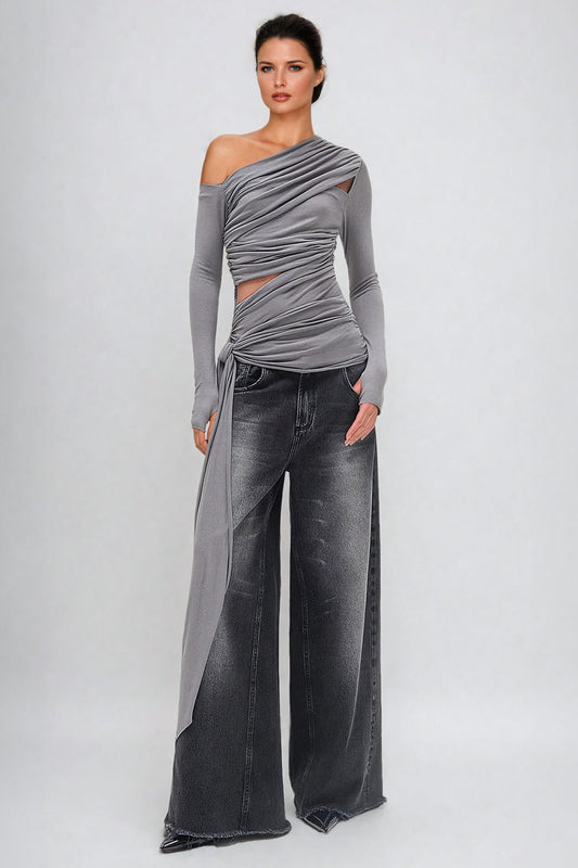 Asymmetrical Draped Wrap Top with Pleats - Gray