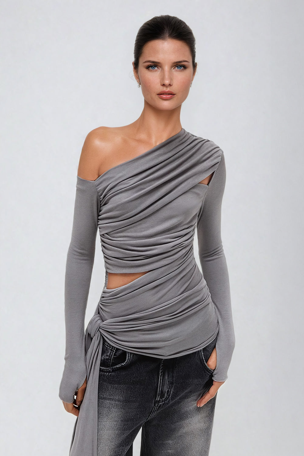 Asymmetrical Draped Wrap Top with Pleats - Gray