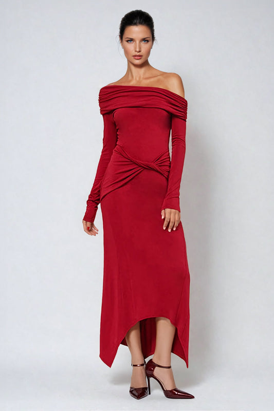 Twist-Front Off-Shoulder Maxi Dress - Red