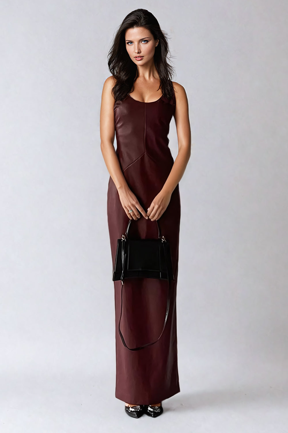 Structured Leather Maxi Dress - Burgundy