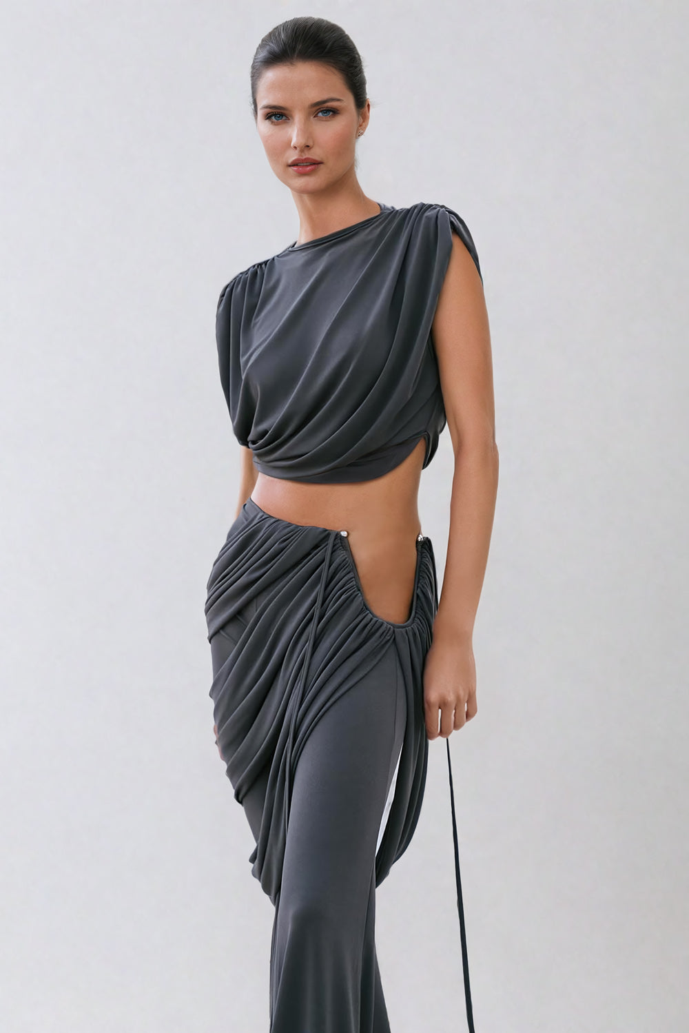 Two-Piece Set with Draped Top and High-Waisted Trousers - Gray