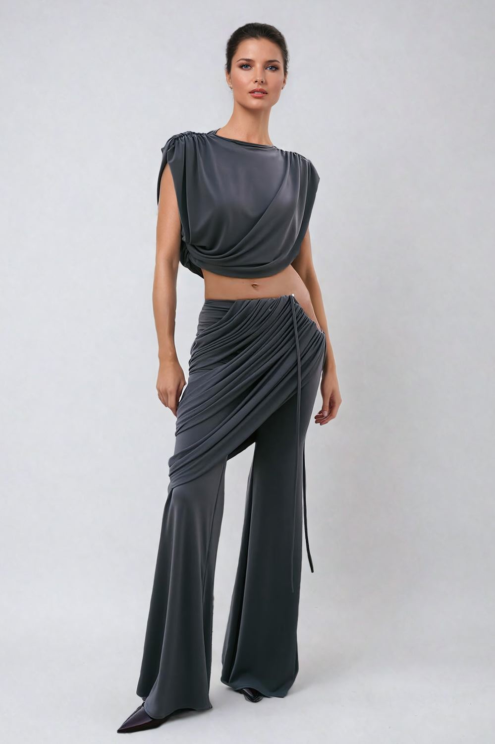 Two-Piece Set with Draped Top and High-Waisted Trousers - Gray