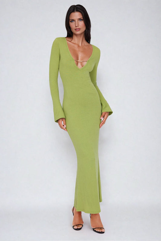 V-Neck Maxi Dress with Chain Detail - Green