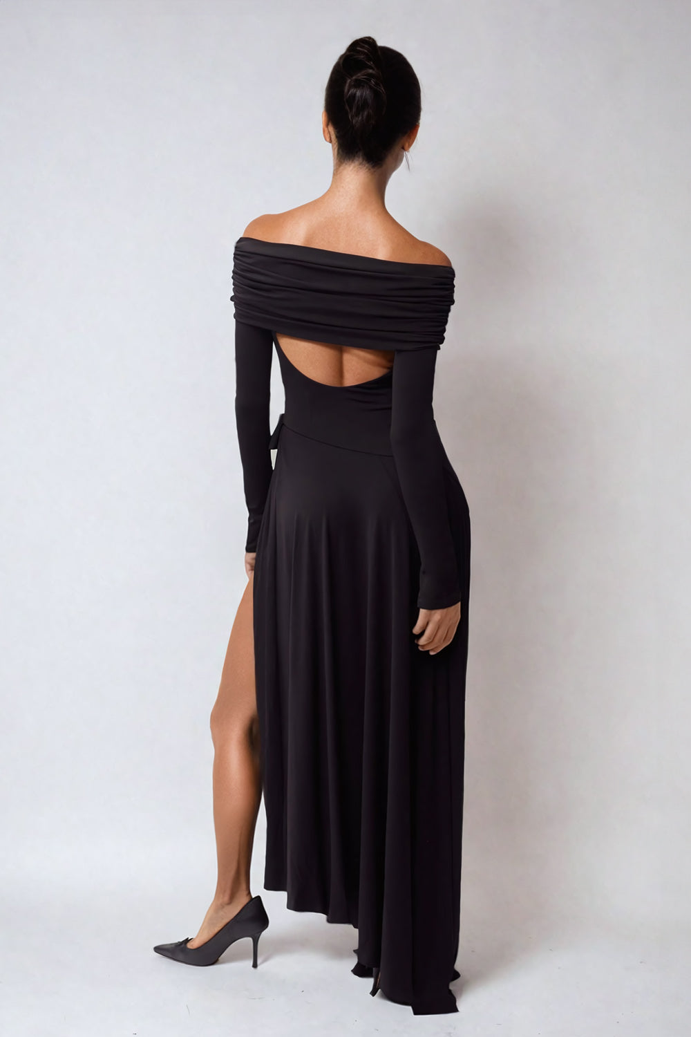 Off-Shoulder Draped Maxi Dress with High Slit - Black