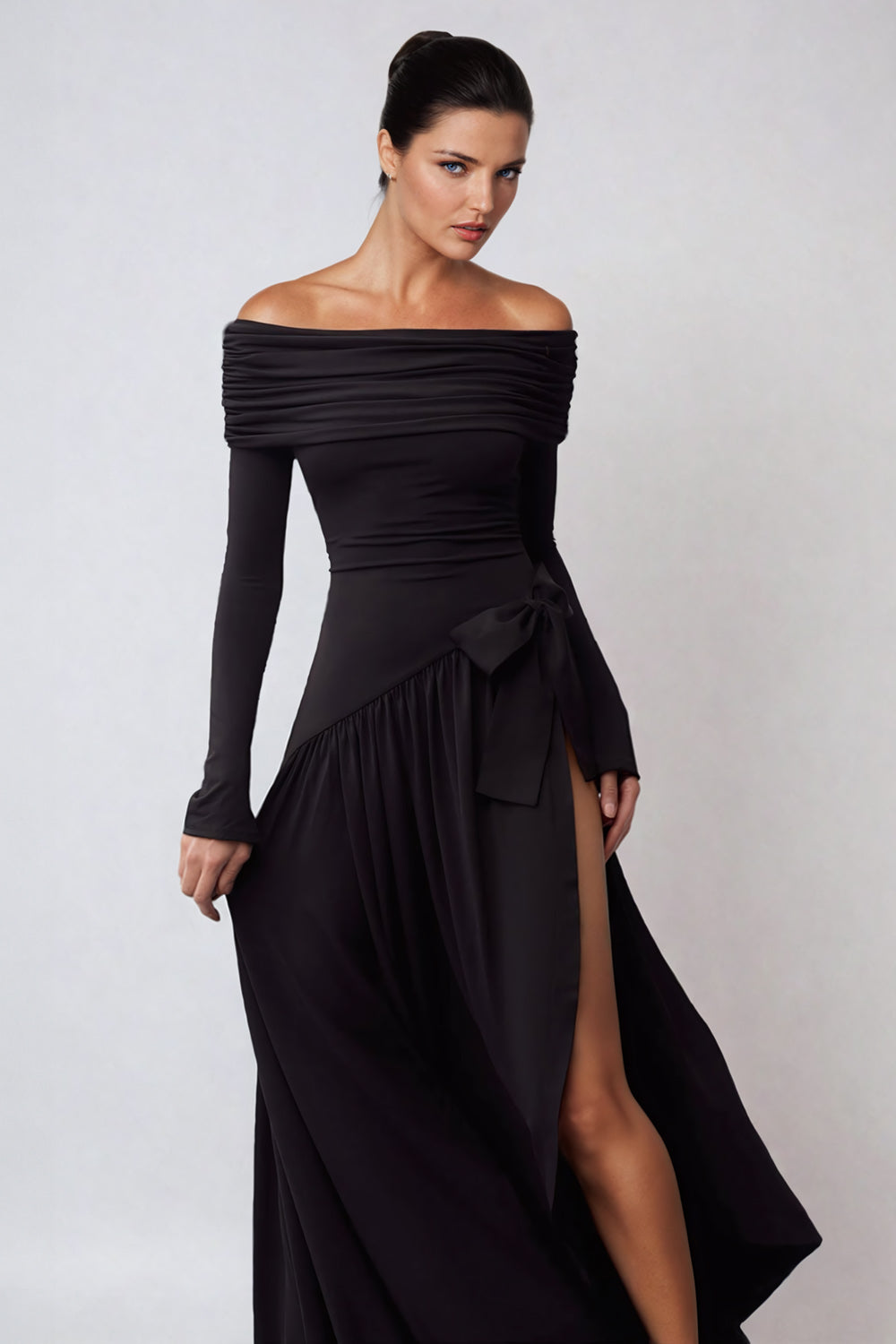 Off-Shoulder Draped Maxi Dress with High Slit - Black