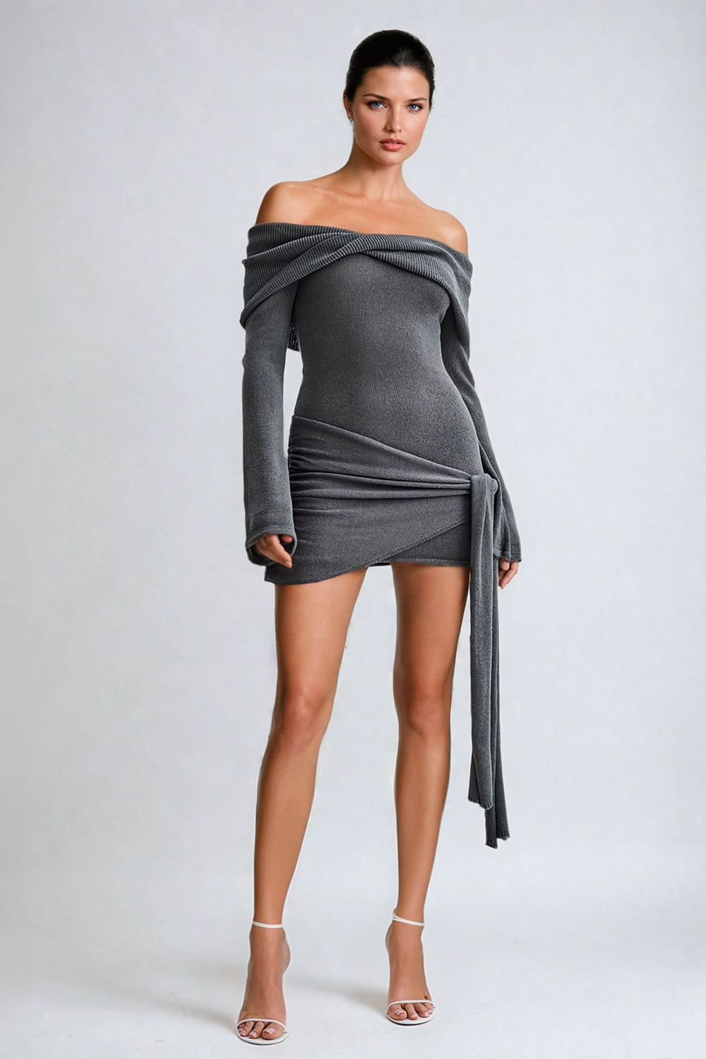 Off-Shoulder Tie-Waist Mini Dress - Gray