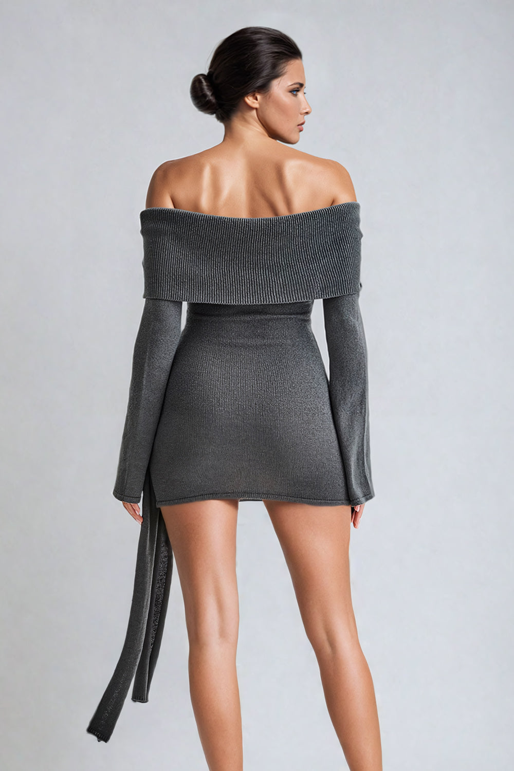 Off-Shoulder Tie-Waist Mini Dress - Gray