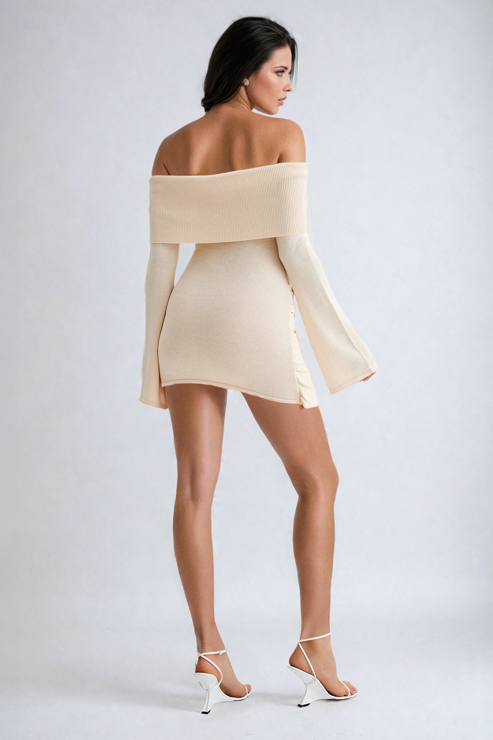 Off-Shoulder Tie-Waist Mini Dress - Beige