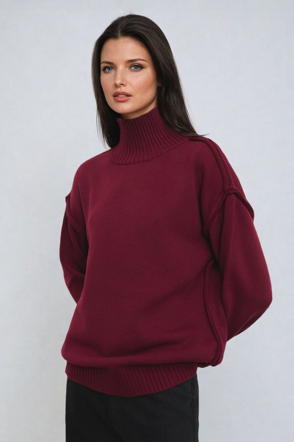 Oversized Knitted Ribbed Turtleneck Sweater - Burgundy