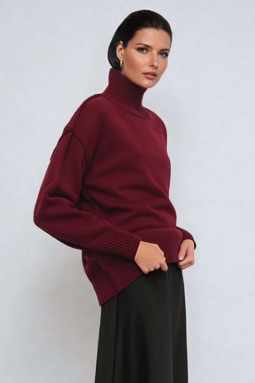 Oversized Knitted Ribbed Turtleneck Sweater - Burgundy