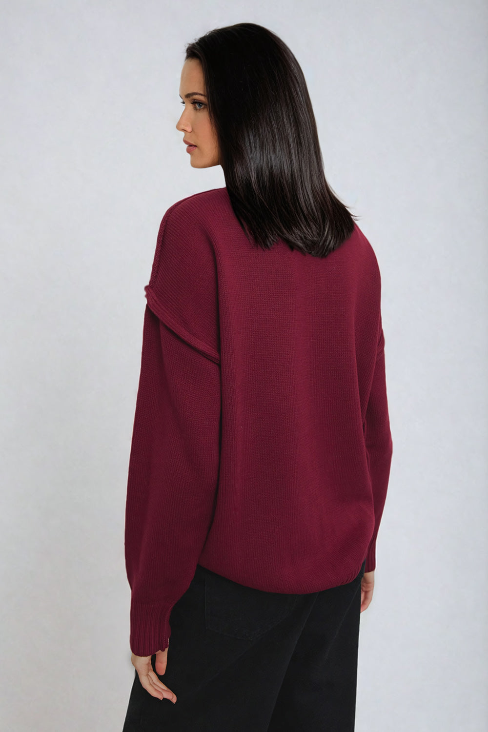 Oversized Knitted Ribbed Turtleneck Sweater - Burgundy