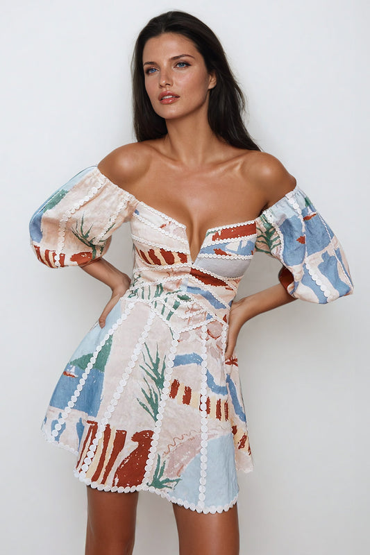 Off-Shoulder Puff Sleeve Printed Mini Dress - White