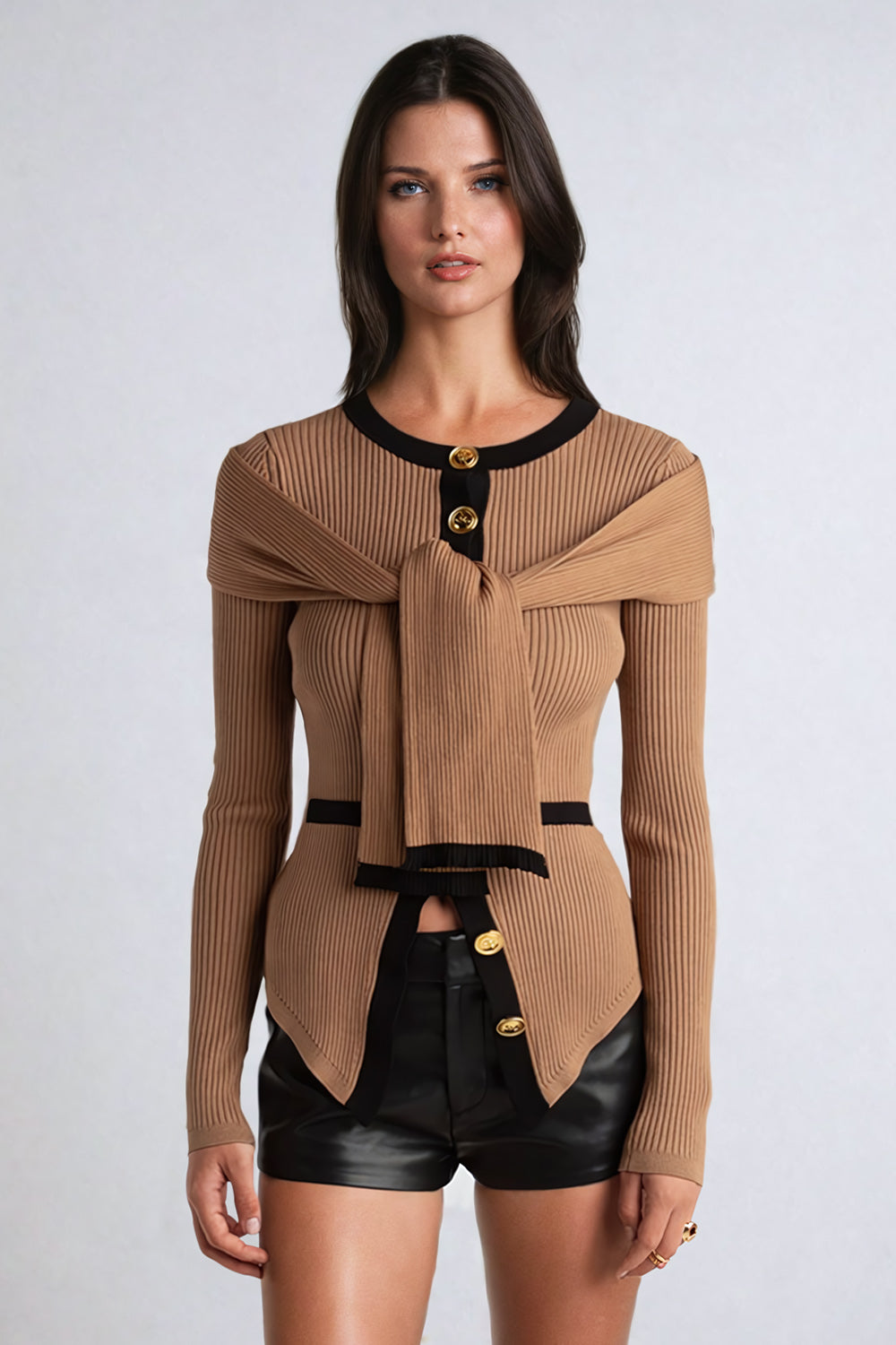 Fitted Ribbed Sweater with Draped Shoulder Detail - Brown