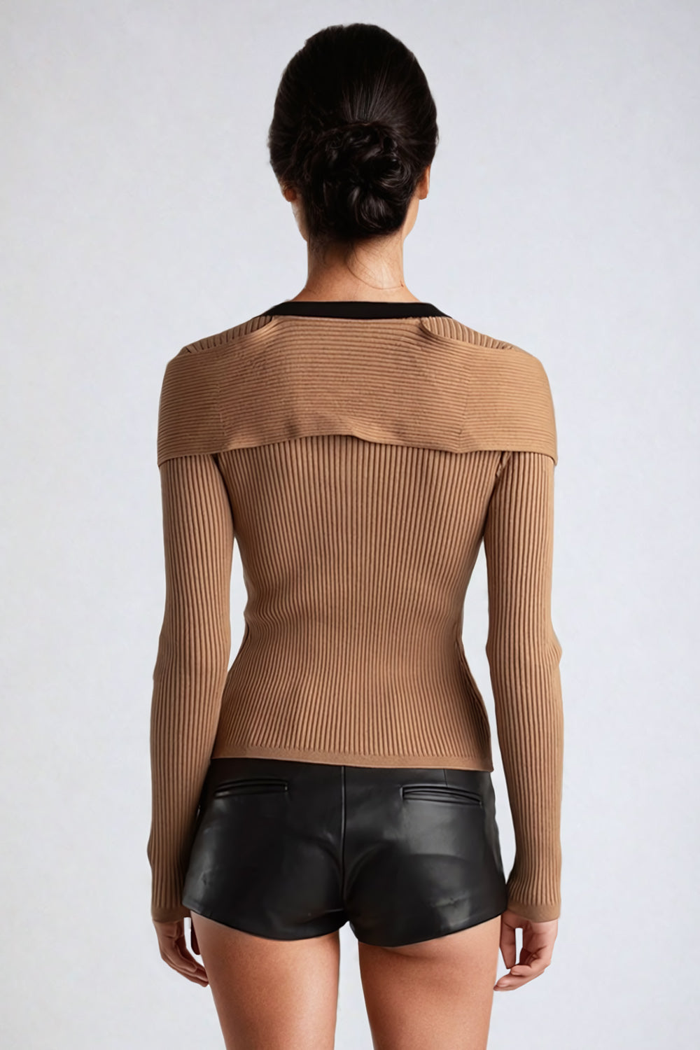 Fitted Ribbed Sweater with Draped Shoulder Detail - Brown