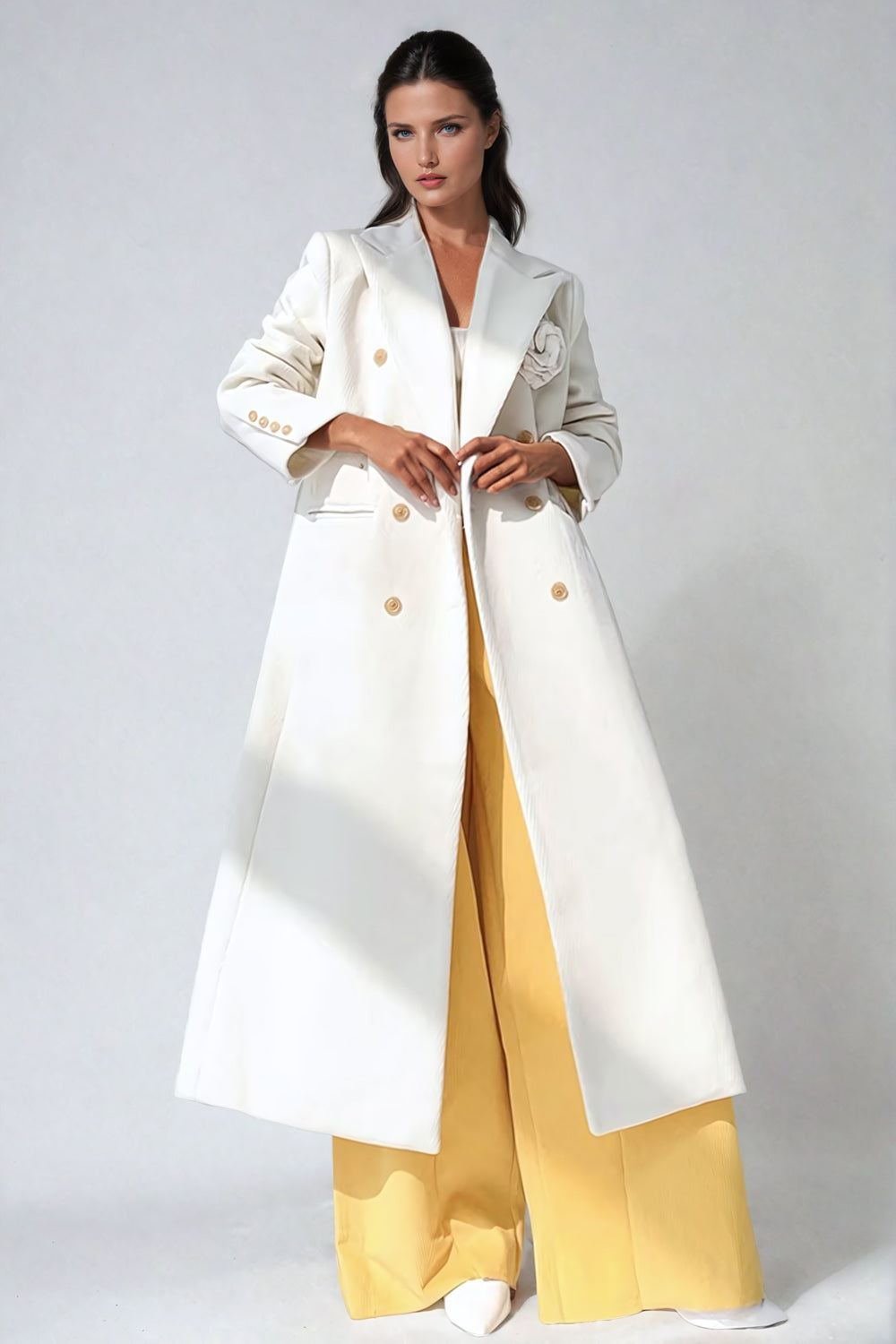 Long Coat with Structured Lapel and Decorative Flower Accent - Beige