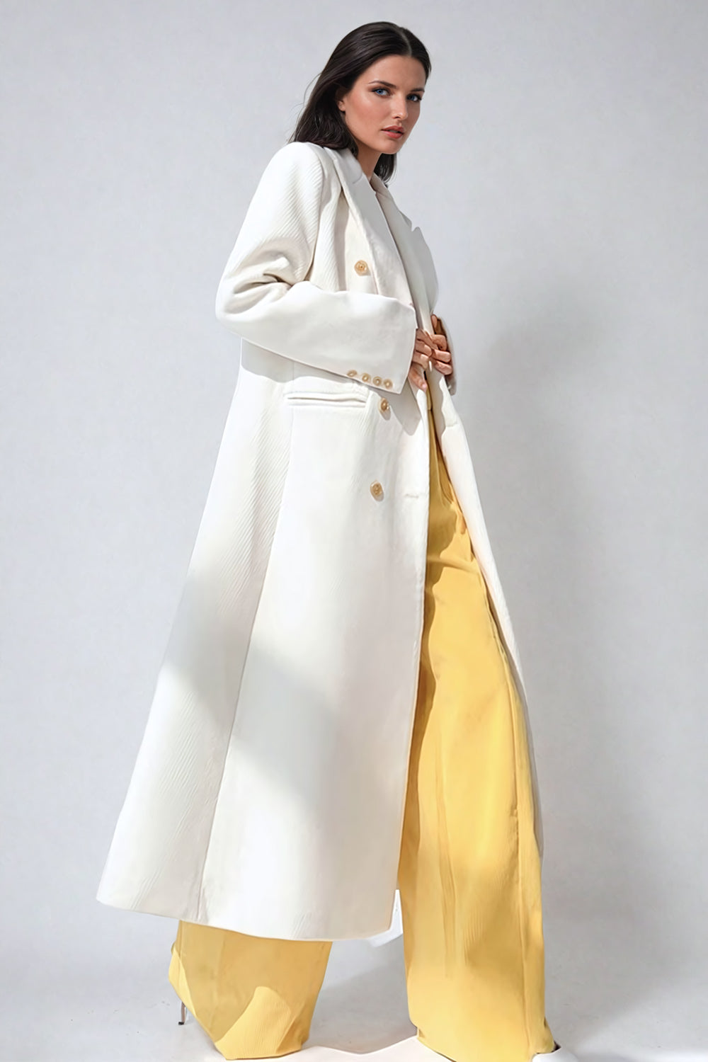 Long Coat with Structured Lapel and Decorative Flower Accent - Beige