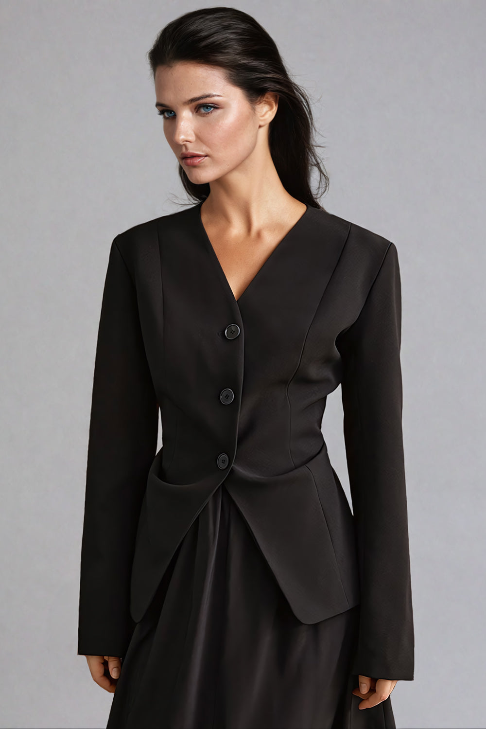 Tailored V-Neck Structured Blazer - Black