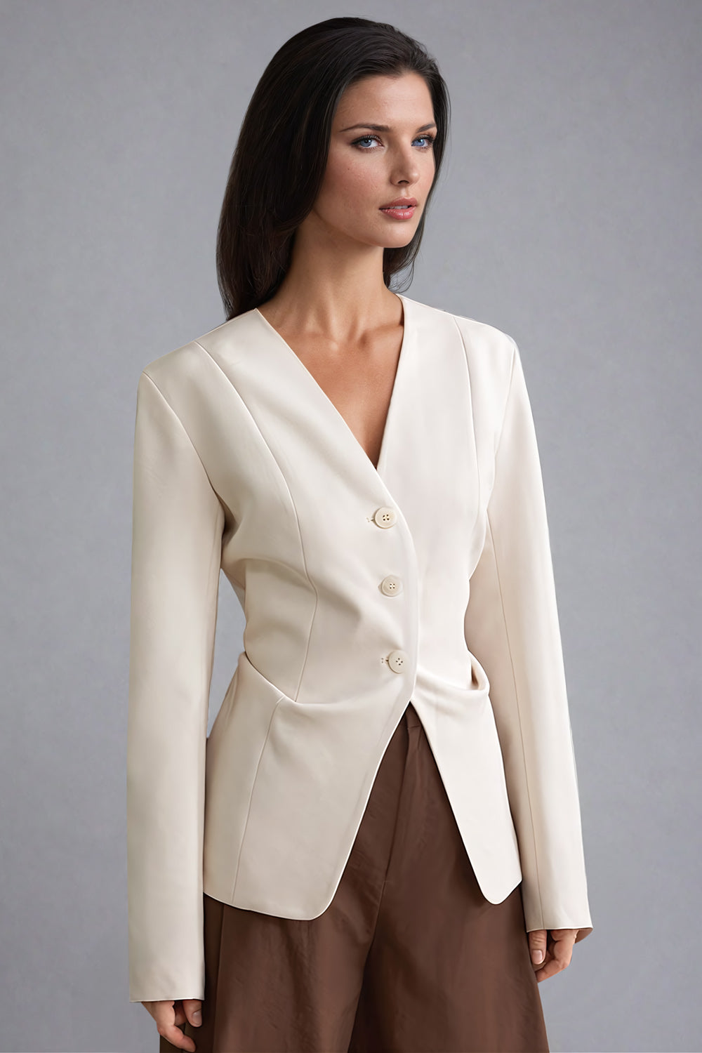 Tailored V-Neck Structured Blazer - Beige