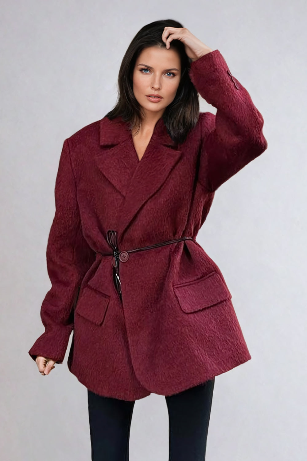 Belted Single-Breasted Oversized Coat - Red