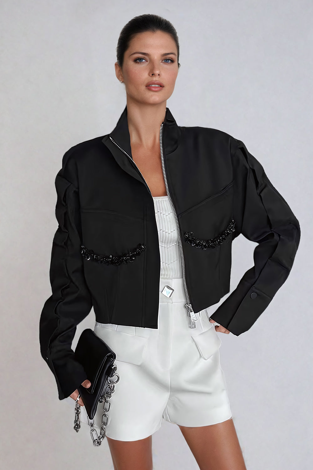 Cropped Zip-Up Jacket with Beaded Pocket Detailing - Black