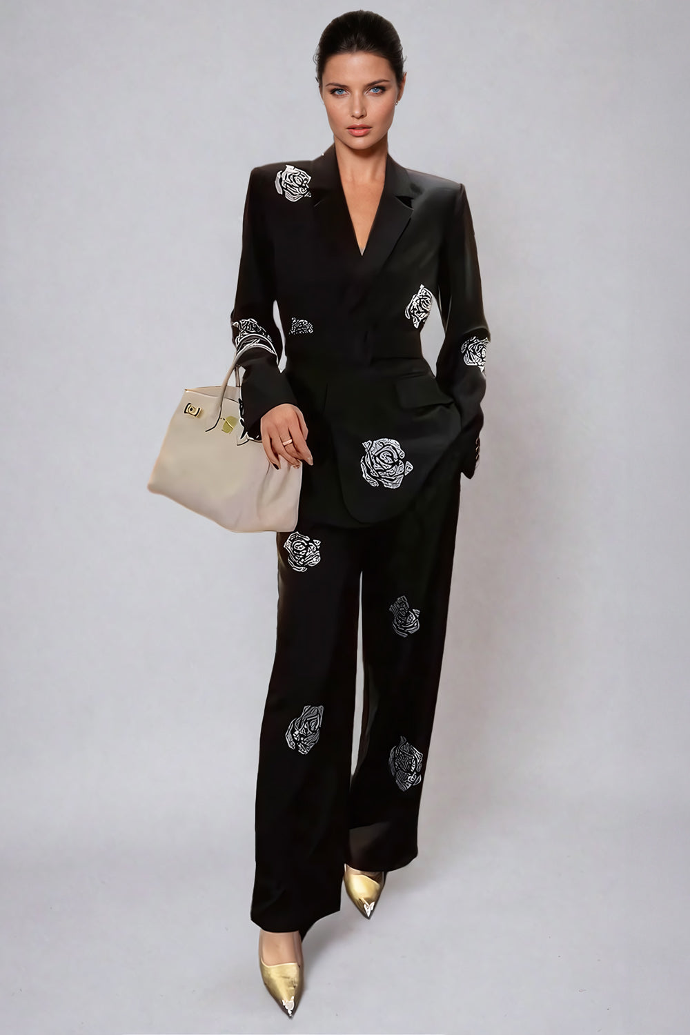 Floral Belted Blazer and Wide-Leg Pants Co-Ord Set - Black